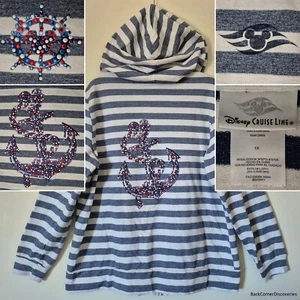 Disney Cruise Line Blue- & White-Striped Bedazzled Women's 1X Full-Zip Hoodie - Picture 1 of 23