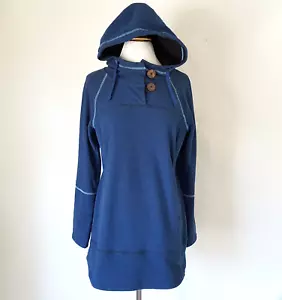 Prana Womens Long Hoodie Thermal Fleece Size M Blue Zip Pockets Button Neck Top - Picture 1 of 8