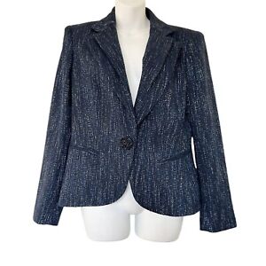 Lafayette 148 boucle knit wool blend navy blue blazer one button closure size 6