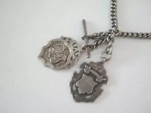 Birmingham 1914 Sterling Silver DOUBLE ALBERT Pocket Watch Chain T Bar & 2 Fobs - Picture 1 of 11