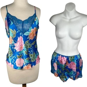 In Bloom by Jonquil Floral Satin Pajama Set Blue Lace Trim Cami Shorts Large  - Picture 1 of 11