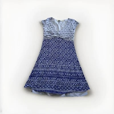 Vestido tejido manga corta cuello en V estampado azul Athleta Dhara XXSP Petite Foto 1 de 4