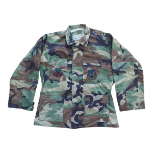 USAF Woodland Camo BDU Jacket Medium Regular 1996 Patches Tear Stain VTG - Picture 1 of 5