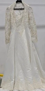 Vintage Mary's White Long Sleeve Wedding Dress Ball Gown Pearls Sequins Sz 10 - Picture 1 of 7