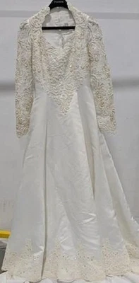 Vintage Mary's White Long Sleeve Wedding Dress Ball Gown Pearls Sequins Sz 10 - Image 1 of 4