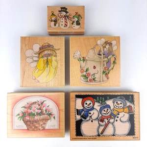 Large Wooden Stamps Scrapbooking Lot of 5 Used Snowmen Fairy Flower Valentine - Picture 1 of 21
