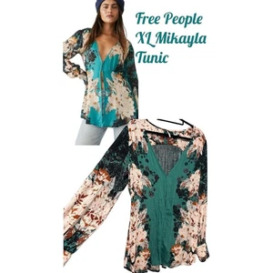 Free People XL Mikayla grün Blumen tief V Tunika Bluse Boho Chic Blüte Ethno - Bild 1 von 14