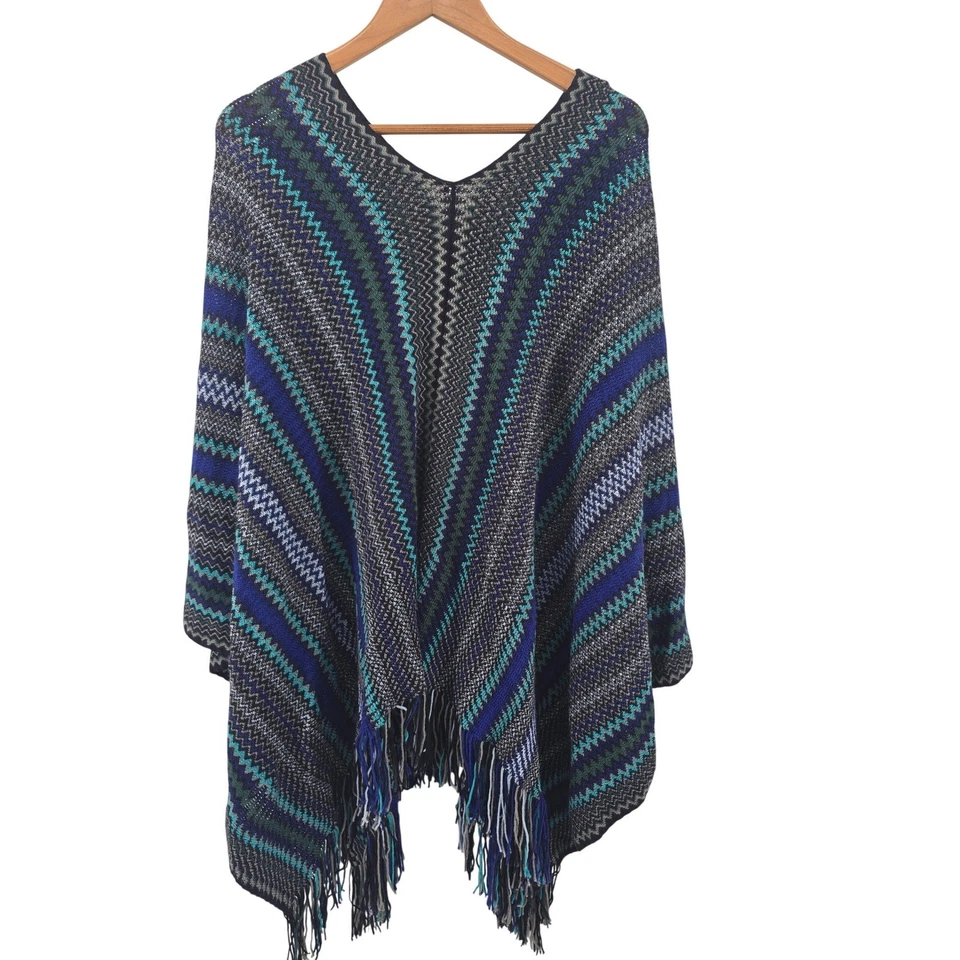 Poncho Missoni Zigzag Mezcla Lana Capa Azul Verde Gris Flecos Italia Mujer OS Foto 1 de 4