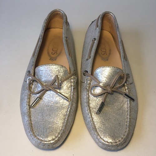 TOD’S Mocassini piatti donna Tods oro argento EU37 5 dettaglio occhiello in pizzo