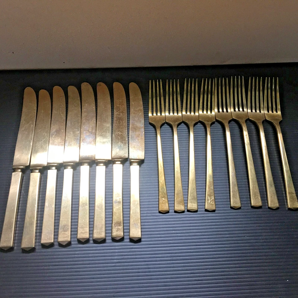 VTG 1950s Dirilyte Golden Bronze Dinner Forks (8 PCS) & Knives (8 PCS) Flatware - Image 1 of 4