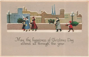VINTAGE CHRISTMAS POSTCARD SHOPPERS CITYSCAPE HAPPINESS EXTEND ALL YEAR 120922 R - Picture 1 of 2