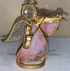 Vintage Stained Glass Angel with Halo Violin Pink Patterned Glass (ToteRRR) - Picture 1 of 7