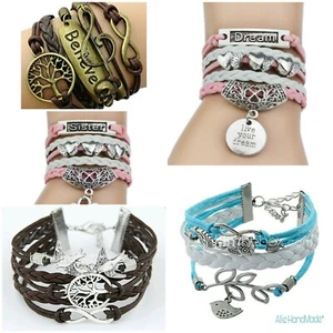 Bracciale cordoncino e trecce finta pelle con ciondoli oro/argento o bronzo - Foto 1 di 8