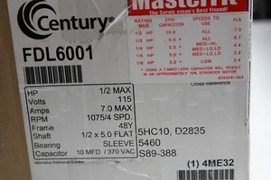 Century FDL6001 5-5/8" PSC Motor, 1/2 - 1/6 HP, 1075 RPM, Reversible (115V) - Picture 1 of 4