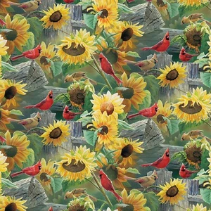 Red Cardinal & Sunflowers Nature by David Textiles Fabric 44" Wide BTY - Picture 1 of 2
