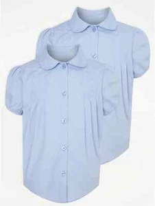 Girls Children White Blue Pintuck Short Sleeve School Shirts 2 Pack 3-14 years - Picture 1 of 8