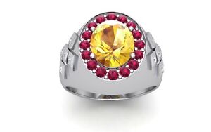 Solid 925 Sterling Silver Natural Citrine And Ruby Gemstone Ring Men's Jewelry