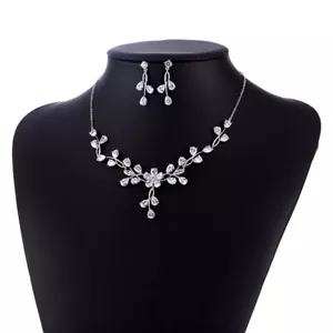 Flower All Cubic Zirconia CZ Pierced Wedding Queen Prom Necklace Earrings - Picture 1 of 4