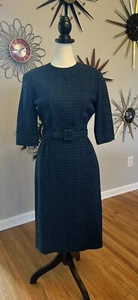 VTG Pendleton 1950s Sheath Belted Dress Blue Plaid Marked 14/Likely M FLAW - Picture 1 of 15