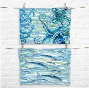 Tea Towels - Fish & Octopus - Coastal Seaside Nautical Kitchen Decor 100% Cotton - Picture 1 of 16