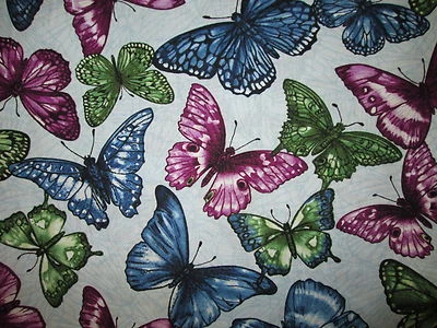 Butterfly Colorful Butterflies Garden Inlaid Blue White Cotton Fabric FQ  - Image 1 of 4