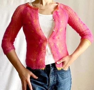 Free People Women S Mohair Cardigan Y2k Double Knit Pink Yellow Weightless Sheer - Picture 1 of 9