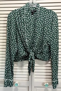 Volcom Green/White Floral Tie Front Long Sleeve Shirt Size M Collar - Picture 1 of 8