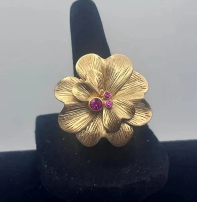 Gold Tone Lia Sophia Flower Ring Pink Stones - Image 1 of 4