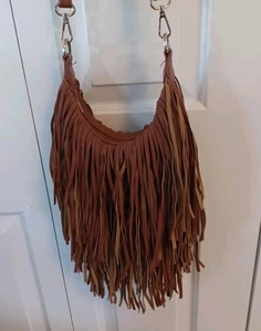 Crown Vintage Brand Faux Leather Brown Crossbody Fringe Western Hippie - Picture 1 of 10