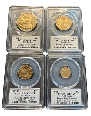 US 1988 W Full 1.85 oz Gold 4 Coin Eagle Proof Set PCGS PR69DCAM Reagan Legacy - Image 1 of 2