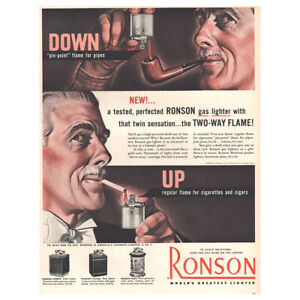 1953 Ronson: Down Pin Point Flame for Pipes Vintage Print Ad