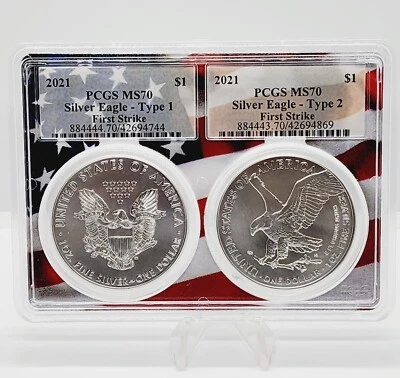2021 $1 Tipo 1 e Tipo 2 Silver Eagle 2 Conjunto de Moedas PCGS MS70 FS Quadro Bandeira Duplo - Imagem 1 de 4