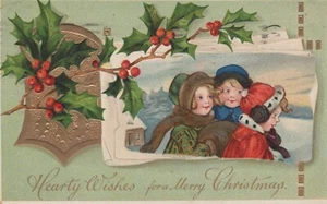 Christmas c.1909 - Three Girls Framed on Card - Holly & Berries - Posted - Picture 1 of 2