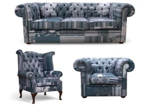 Chesterfield Patchwork 3 Piece Sofa Suite 3 Seater/Club Chair/Queen Anne Grey - Picture 1 of 1