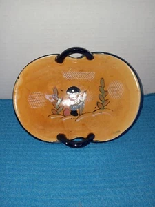 VTG Oriental Pottery Handpainted Art Boy & Flute Handled Bowl f/Japan - Picture 1 of 5