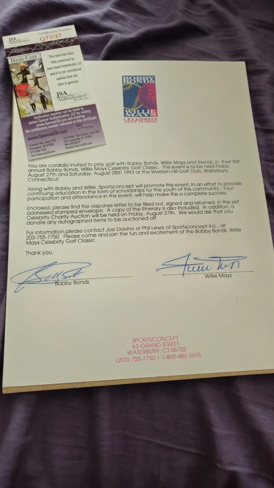 Willie Mays Signed Bobby Bonds Willie Mays Celebrity Golf Classic Jsa  - Image 1 of 1