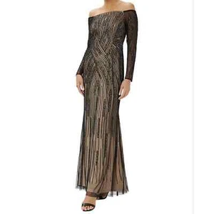 Adrianna Papell Beaded Off The Shoulder Gown Black Nude 6 WT dress embellished - Picture 1 of 9