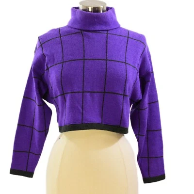 70s Vintage Don Sayres Purple Windowpane Wool Linen Crop Top Womens S Turtleneck - Image 1 of 4