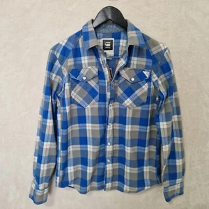 G Star Raw Shirt Mens M Arizona Elijah Blue Plaid Long Sleeve Pearl Snap Zip - Picture 1 of 14