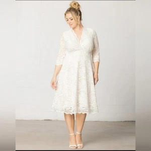 NWT Kiyonna Bridal Womens Bella White Lace V-Neck 3/4 Sleeve Midi Dress PLUS 5X - Picture 1 of 10