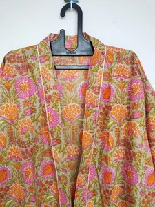 Indian Hand Block Long Cotton Beach Cover Up Kimonos Night Kimono Bath Robes US - Picture 1 of 3