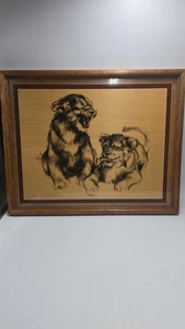 Vtg 70s Verily Hammons Reverse Glass Art Drawing 2 Lion Cubs Framed 21x17 - Picture 1 of 4