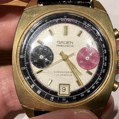 Gruen Precision Chronograph Watch Men’s 17 Jewels 16k Gold Plate Lizard Band - Image 1 of 4
