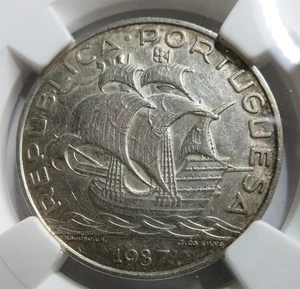 PORTUGAL 10 Escudos 1937 NGC AU 58 SCARCE About UNC Sailing Ship Silver KEY DATE - Picture 1 of 8