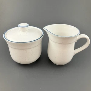 Vintage Nitto Heather Stone Sugar & Creamer/ Speckled & Blue Trim/ Made In Japan - Picture 1 of 16