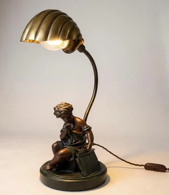 Vintage Accent Lamp The Scholar After Moreau Resin With Brass Shell Shade - Image 1 of 4