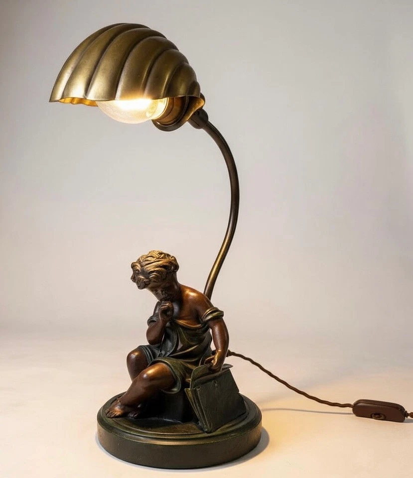 Vintage Accent Lamp The Scholar After Moreau Resin With Brass Shell Shade - Image 1 of 4