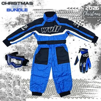 WULF KIDS KART RACE SUIT CUB MX GLOVES GOGGLES MTB QUAD PIT BIKE BLUE OVERALLS - Image 1 of 4