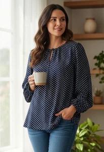 Ava & Viv Tunic Top Blue White Size 2X Chiffon Cottagecore Peasant Coastal Prep - Foto 1 di 11