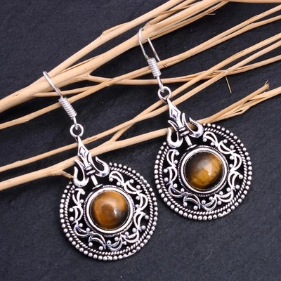 Tiger Eye Gemstone 925 Sterling Silver Gift Jewelry Earring 2" N190 - Image 1 of 3